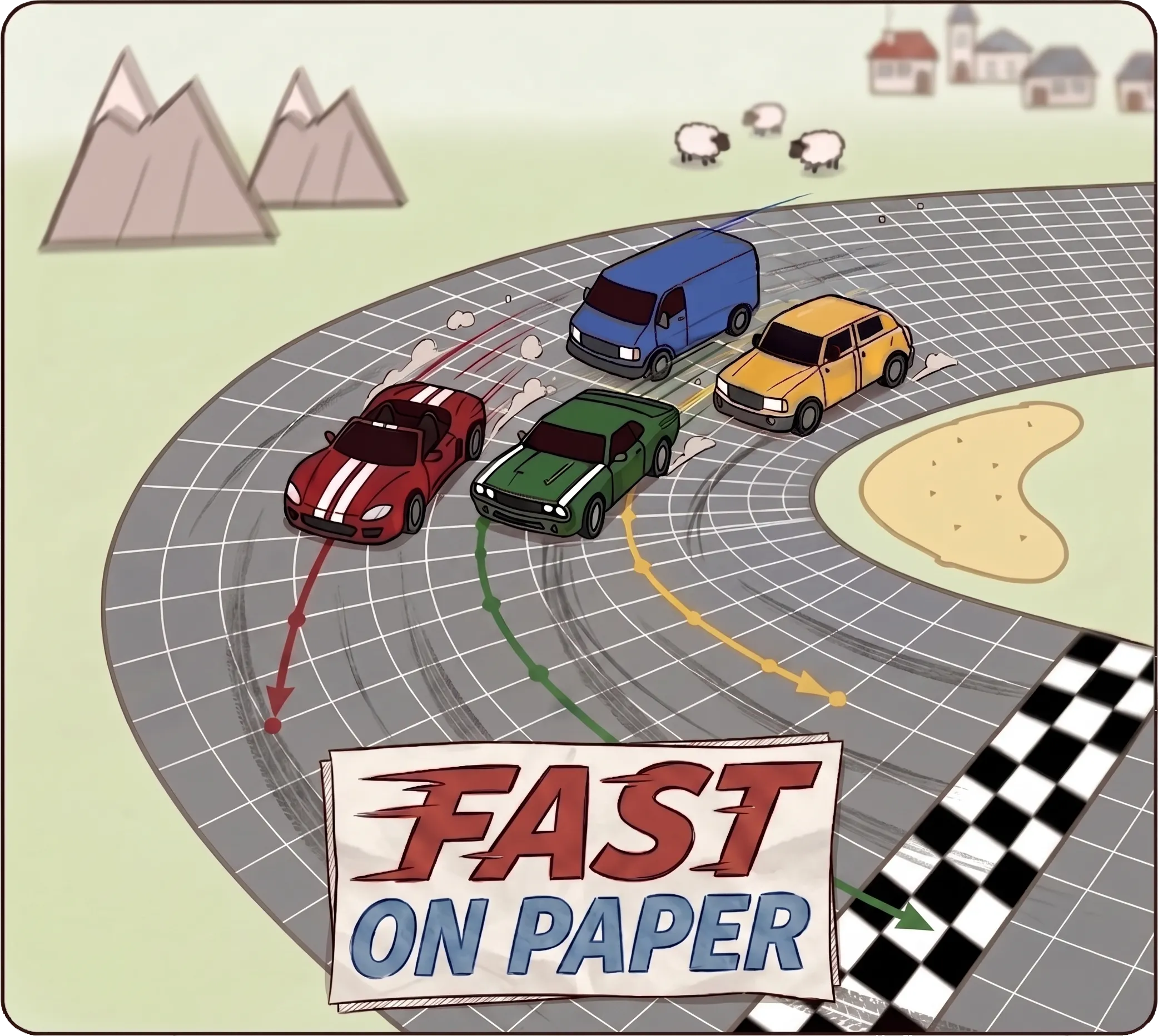 Four doodled cars drifting through a gridded bend
