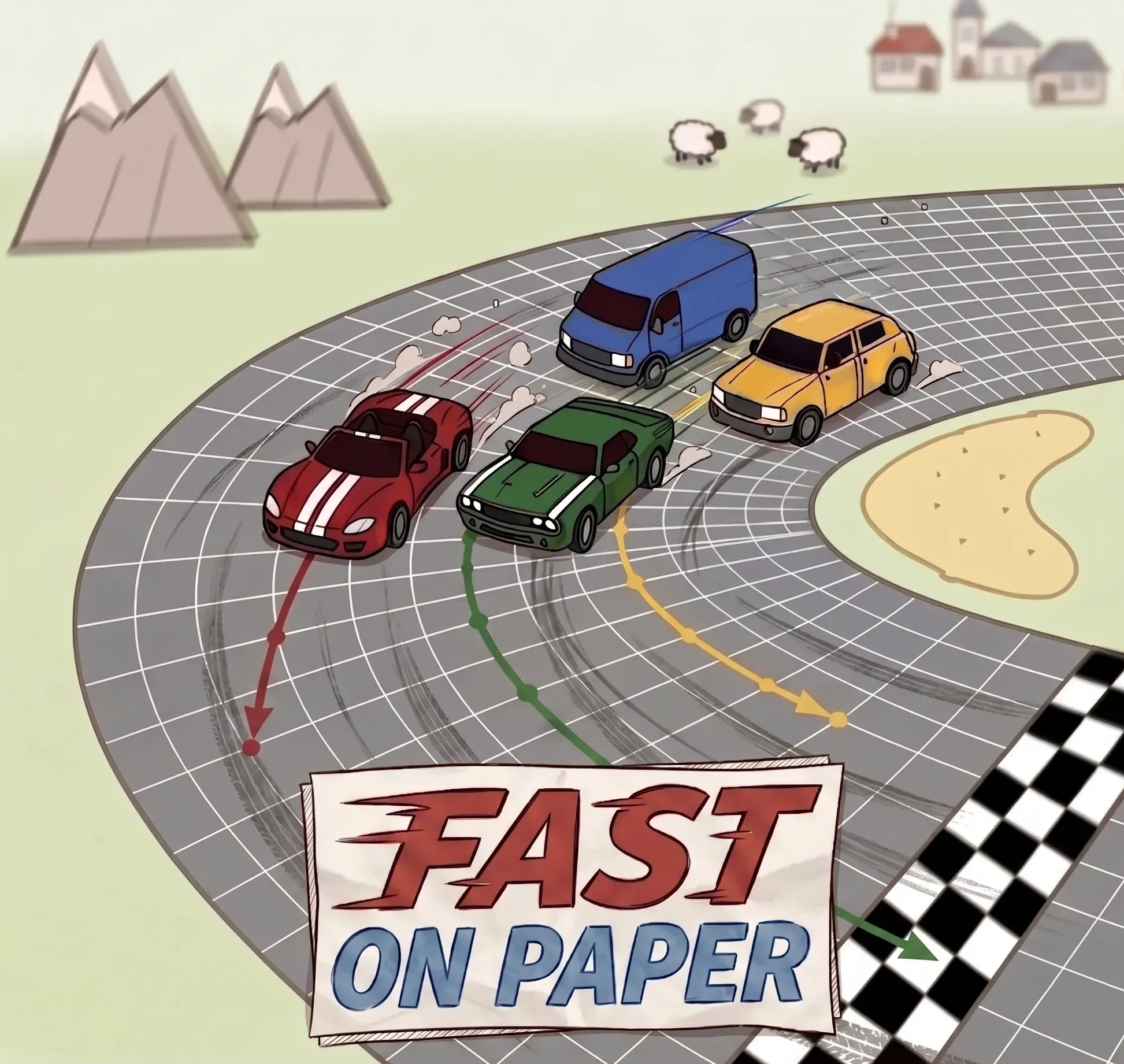 Four doodled cars drifting through a gridded bend